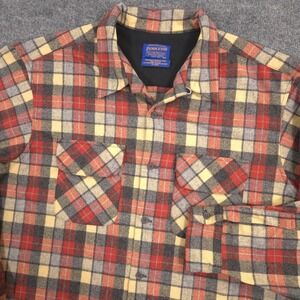 Pendleton Board Shirt Mens XL Red Plaid Virgin Wool Loop Collar Flap Pockets